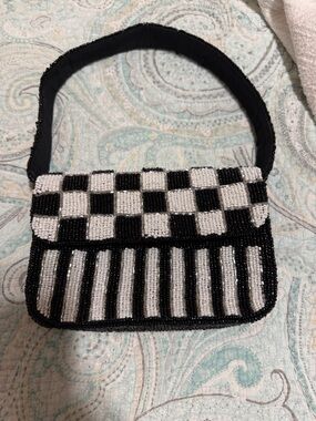 Studio 12 Black and White Beaded Striped Shoulder Clutch